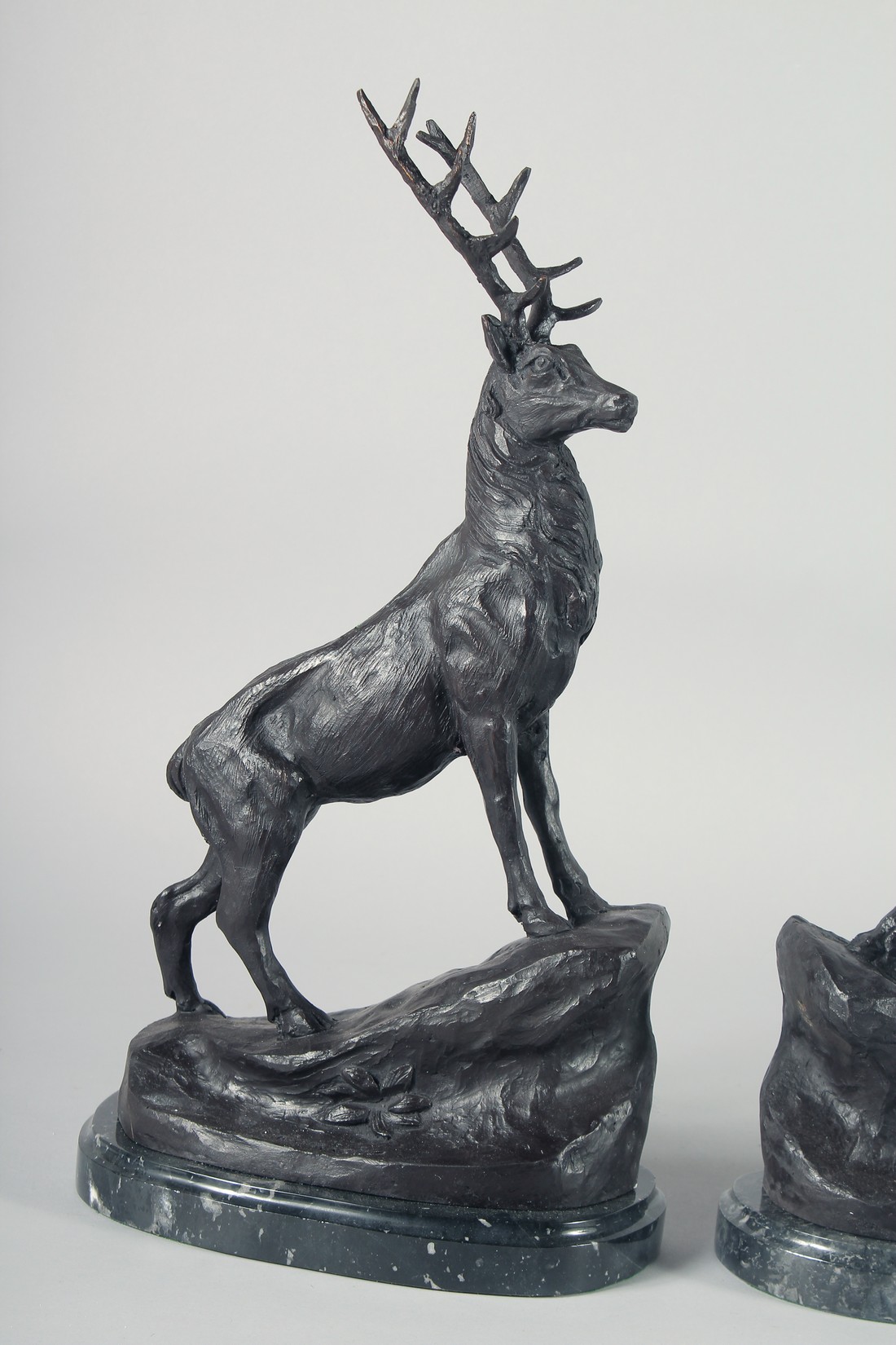 AFTER J. MOIGNIEZ. A PAIR OF BRONZE STAGS on a marble base. 17ins high. - Image 2 of 4