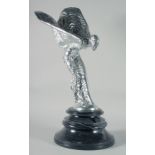 A GOOD SILVERED ROLLS ROYCE FIGURE "SPIRIT OF ECSTASY" after Charles Sykes, on a marble base.