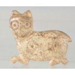A RARE EARLY ISLAMIC - POSSIBLY PERSIAN GHAZNAVID, CARVED MARBLE CAT, 12cm at widest point.