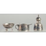 A FINE SIGNED IRAQI NIELLO SILVER CRUET SET, weight 130g: combined, (3 pieces and spoon).