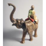 A FINE ORIENTALIST VIENNA BERGMAN STYLE COLD PAINTED BRONZE FIGURE OF AN ARAB ON AN ELEPHANT, 11cm