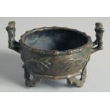 A SMALL CHINESE BRONZE CENSER, with bamboo formed handles and feet, the base with Xuande mark,