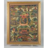 A FRAMED TIBETAN THANGKA PAINTING, with central buddha and various scenes, framed and glazed,