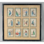 A GOOD COLLECTION OF TWELVE CHINESE PITH PAINTINGS, depicting figures carrying out various pursuits,