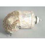 AN INDIAN GOA MOTHER OF PEARL AND SHELL POWDER FLASK, 17cm.