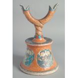 AN UNUSUAL RARE CHINESE ISLAMIC POTTERY CANDLE HOLDER, painted with characters and panels of