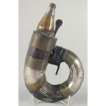 AN EARLY 19TH CENTURY ARAB OMANI SILVER OVERLAID STEEL POWDER FLASK, 23cm.