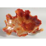 A VERY LARGE CHINESE AGATE-TYPE LEAF FORM DISH, 31cm long.