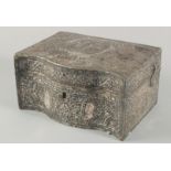 A LARGE EARLY 19TH CENTURY OTTOMAN TURKISH SILVER CLAD WOODEN BOX, the silver overlay with