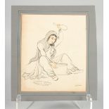 AN INDIAN MINIATURE PAINTING ON PAPER of a seated female figure, 22.5cm x 20cm.