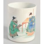 A CHINESE FAMILLE VERTE PORCELAIN BRUSH POT, painted with two figures, 12.5cm high.