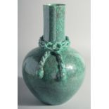 A GOOD CHINESE ROBINS EGG GLAZE VASE, with moulded rope around the neck, the base with six-character