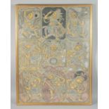 A LARGE FRAMED THANGKA PAINTING, depicting various buddhistic figures, framed and glazed, image 84cm