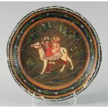 A LARGE INDIAN KASHMIR LACQUERED DISH, the centre painted with a male and female riding a camel,