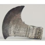 A FINE EARLY 19TH CENTURY NORTH INDIAN SILVER OVERLAID STEEL AXE HEAD, 12.5cm wide.