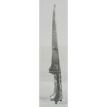 AN 18TH CENTURY MUGHAL INDIAN SILVER INLAID STEEL DAGGER, 37cm long.