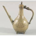 A FINE EARLY 19TH CENTURY INDIAN PARSI SILVER INLAID BRASS EWER, with hinged lid, engraved