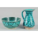 A 17TH CENTURY PERSIAN SAFAVID KUBACHI BOWL AND SIMILAR JUG, bowl 18cm diameter, jug 17cm high, (