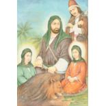 MOHAMMAD ISFAHANI, IMAM ALI AND HIS TWO SONS, watercolour, signed and inscribed, 8.75" x 6.25" (22 x