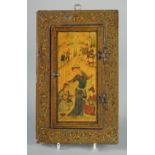 A PERSIAN QAJAR LACQUER CASED MIRROR, the hinged cover painted with a scene including a dancer and