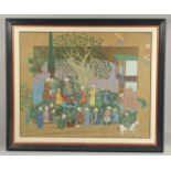 A VERY LARGE FRAMED PERSIAN PAINTING ON SILK, depicting a courtyard scene with many figures and