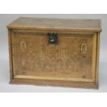 A GOOD MOORISH BONE INLAID WOODEN CHEST, with fine geometric pattern inlay, the front with hinged