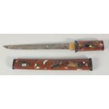 A JAPANESE AIKUCHI DAGGER, with wooden saya, inlaid and onlaid mother of pearl, bone and horn
