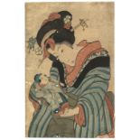 KIKUGAWA EIZAN (1787-1867): FOUR MID 19TH CENTURY JAPANESE WOODBLOCK PRINTS depicting two female