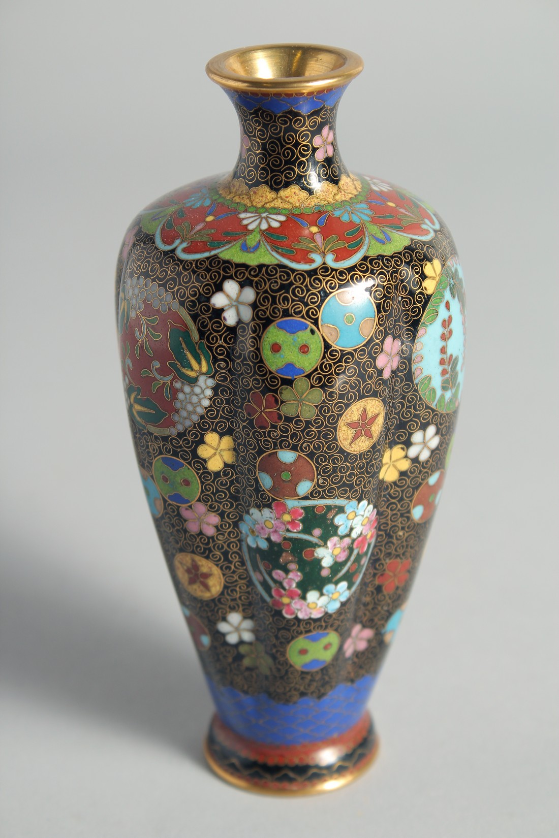TWO SMALL JAPANESE CLOISONNE VASES, each decorated with floral motifs, 18cm and 15.5cm, together - Image 5 of 9