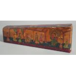 AN INDIAN PAPIER MACHE BOX, painted with a dignitary and attendants, 33.5cm long.