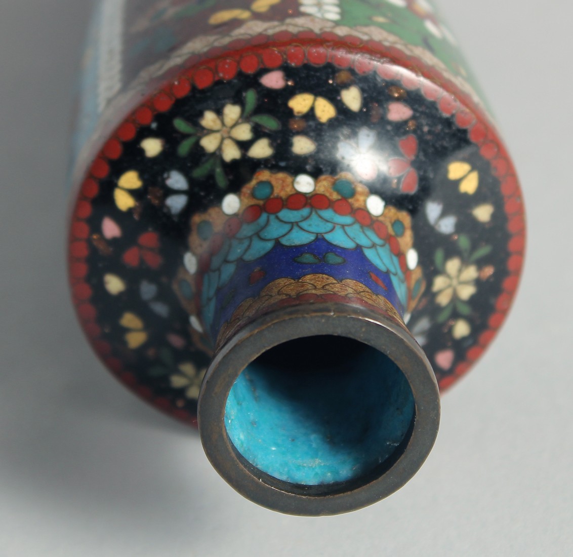 TWO SMALL JAPANESE CLOISONNE VASES, each decorated with floral motifs, 18cm and 15.5cm, together - Image 3 of 9
