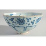 A CHINESE BLUE AND WHITE GLAZED POTTERY BOWL, the interior painted with a figure holding a gourd,