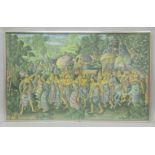 A VERY LARGE FRAMED BALINESE PAINTING ON CANVASS, depicting a scene of village farmers harvesting
