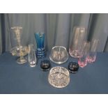 Collection of glassware including LSA and Dartington blue crystal vase