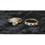 9ct gold & diamond cluster ring size P/Q & a 9ct gold  & sapphire & faux diamond ring size N/O