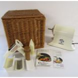 Wicker hamper approx. 15" x 15" x 15" and Plastaket 'The Champion' Juicer