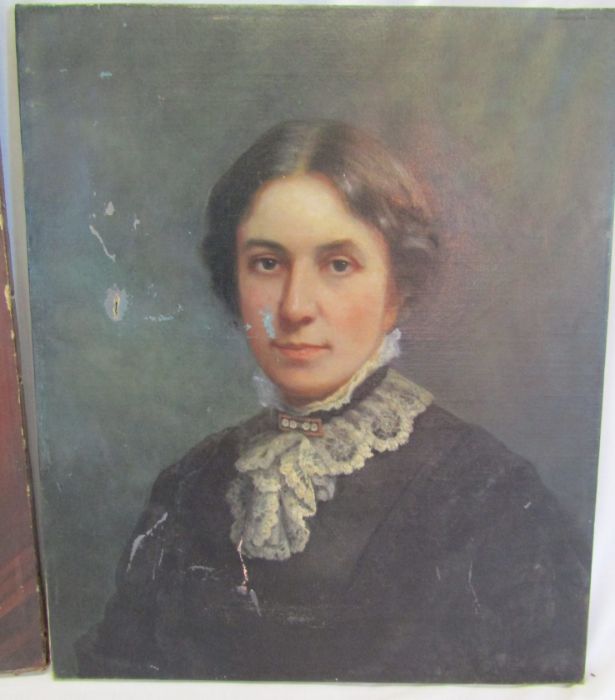 2 unframed oil on canvas portraits of lady (possibly by Florence Hardy) & a gentleman (badly - Image 6 of 6