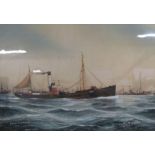 Large framed watercolour depicting Hull steam trawler H767 "St Ellesmere with the fleet, North Sea"