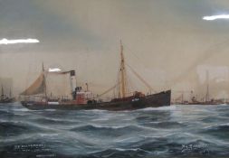 Large framed watercolour depicting Hull steam trawler H767 "St Ellesmere with the fleet, North Sea"