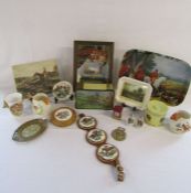 Selection of hunting items to include Hunters Ale Mirror, Sylvac pot stands, Clarnico sweet tin,