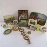 Selection of hunting items to include Hunters Ale Mirror, Sylvac pot stands, Clarnico sweet tin,