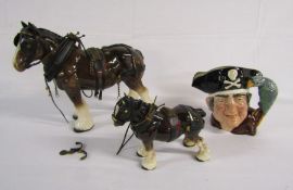 Royal Doulton 'Long John Silver' Toby Jug and 2 porcelain cart horses