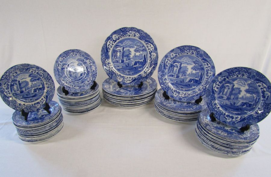Spode Italian plates, varying sizes, varying ages (stands for display only)