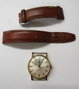 9ct Tudor wristwatch unadjusted 17 jewel with leather strap (damaged), engraved to rear, appears