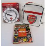 Arsenal Football club memorabilia, messenger bag, book and wall clock