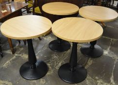 Set of 4 modern pub tables on cast iron bases & oak effect tops Ht 75cm Dia 60cm