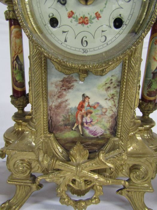 20th century French style gilt metal and porcelain clock garniture - the clock having German - Image 6 of 10