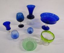 Collection of blue coloured glassware and 2 pieces of green coloured glass