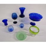 Collection of blue coloured glassware and 2 pieces of green coloured glass