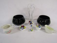 Collection of Royal Doulton items, including 2 black glass bowls and a vase